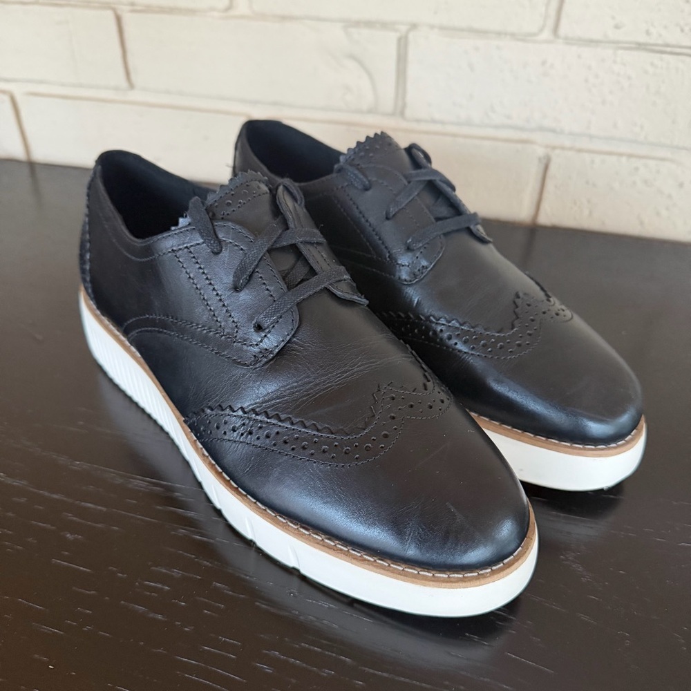 Cole Haan Grand City Womens Black Platform Wing Tip Oxford Shoes Leather Comfort